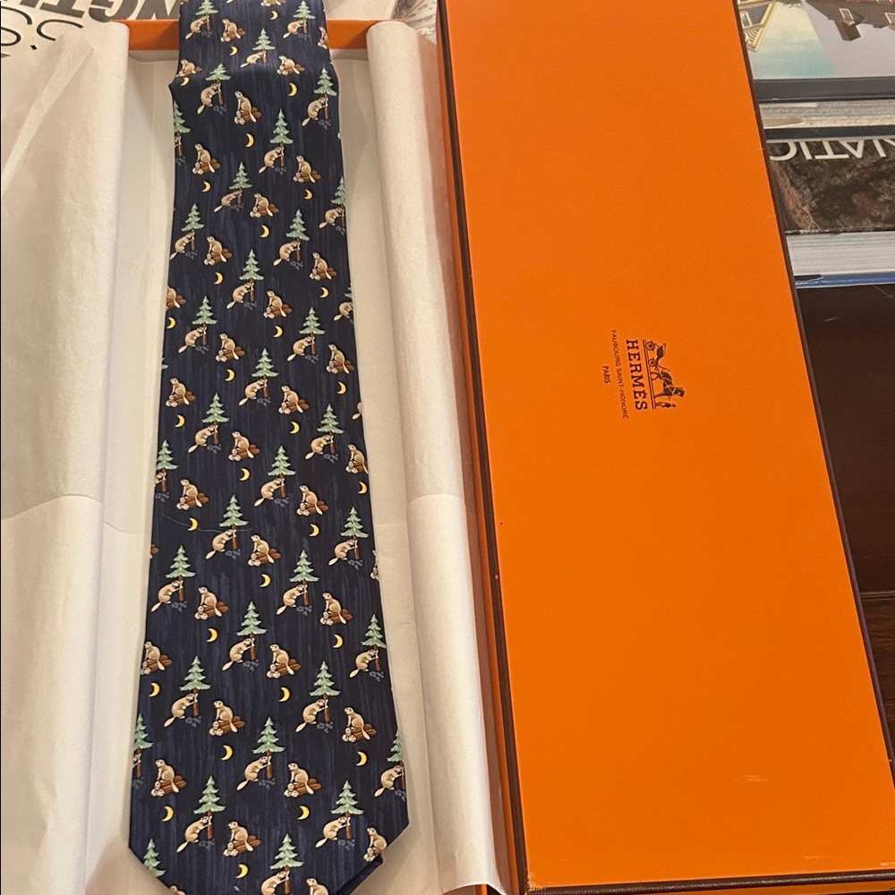 Navy Blue Patterned Hermes tie, Hermes box, never unboxed never tied nor worn